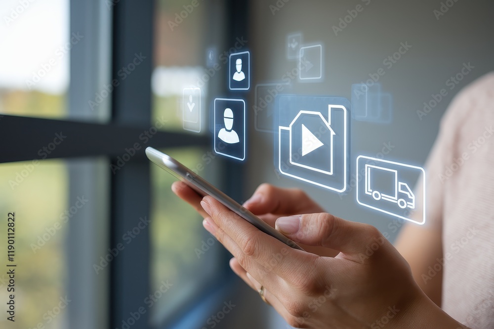 Poster hands using a smartphone with digital interface icons