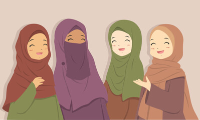 Happy Muslim best friends laughing together. Muslim women wearing hijab cartoon vector.