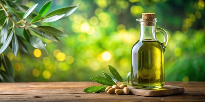 A bottle of extra virgin olive oil with a green glass and a cork stopper, food product, evo oil