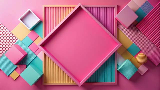 Colorful, geometric, modern design elements arranged in a pink portfolio layout, modern, geometric