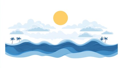 Tropical ocean waves, sunny sky, paper art, summer travel brochure