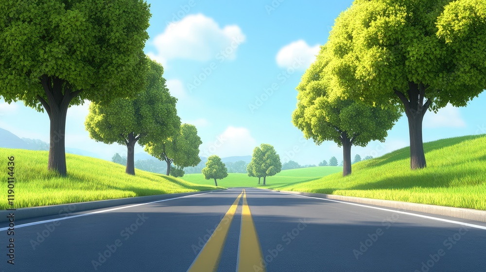Poster a serene intersection in the countryside with a two-lane road crossing a tree-lined path under a bri