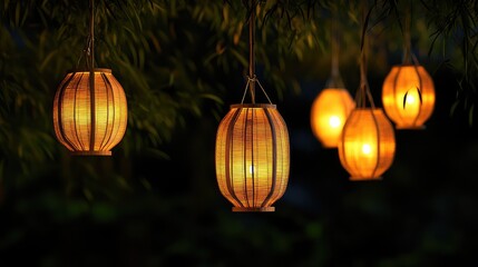 Obraz premium A serene night view of bamboo lanterns suspended from trees, casting soft shadows with space for copy below