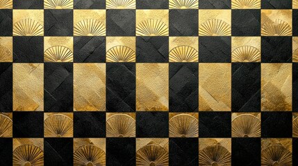 A bold black and gold checkered pattern with overlapping Japanese fan motifs in metallic gold for a luxurious touch.