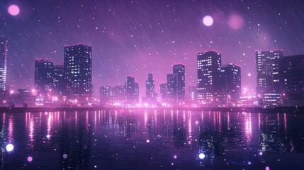 Fototapeta premium Night Cityscape Rain Reflecting Lights In Water