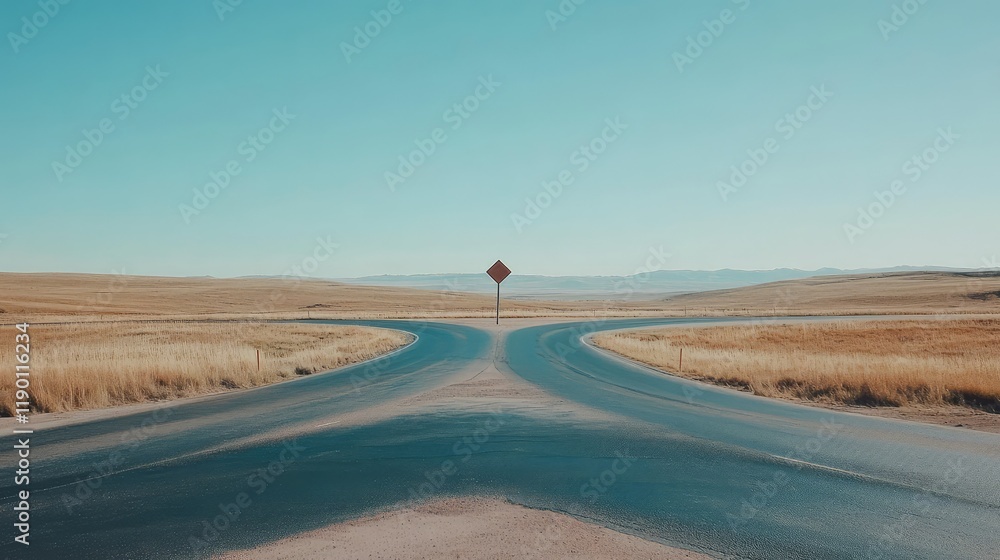 Poster a simple highway t-junction surrounded by open grasslands and a vast blue sky, perfect for open and 