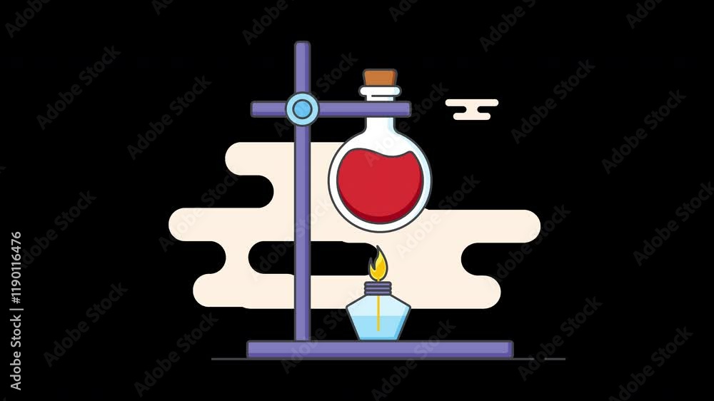 Poster illustration of a laboratory setup featuring a red liquid in a flask, suitable for an educational or