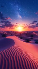 Naklejka premium A breathtaking desert landscape under a starry sky, featuring glowing sand dunes and a dramatic Milky Way reflection.