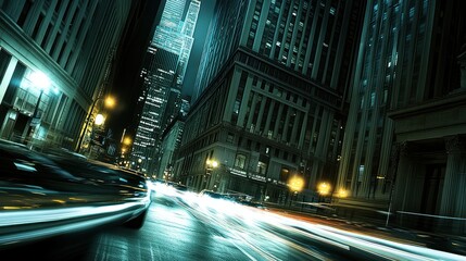 Obraz premium Night city street with blurred light trails from moving cars and tall buildings.