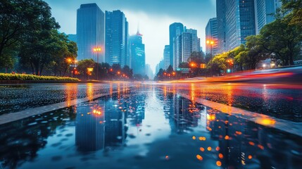 Fototapeta premium A sleek urban road with reflective surfaces from recent rain, modern architecture, and glowing traffic lights creating a futuristic vibe
