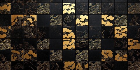 Artistic black and gold checkered design with each square filled with traditional Japanese wave (seigaiha) or cloud patterns in gold.