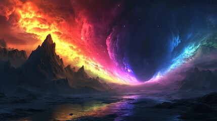 Naklejka premium Rainbow Cloudscape over Majestic Mountains and Serene Lake: A Fantasy Landscape