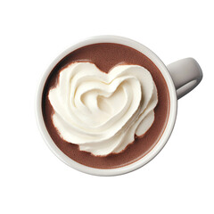 Delicious hot chocolate topped with whipped cream in heart shape, white isolate background.