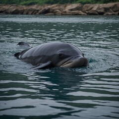 Yangtze finless porpoise swimming in a river, endangered species.

