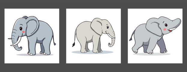 Three cartoon elephant vector illustrations, banner, poster,  the simple background, big, fun, baby, animals, Carnival, circus, smile, blue, clip, art,