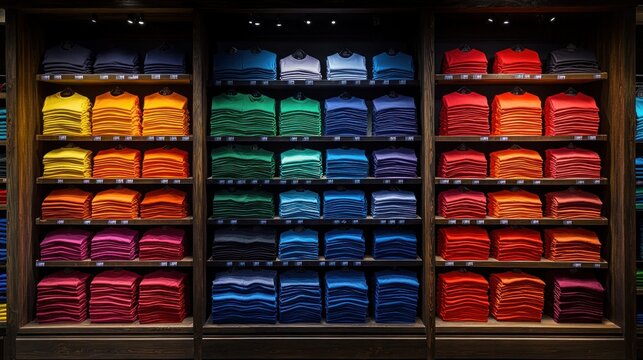 Colorful t-shirts neatly stacked on shelves in a retail store.