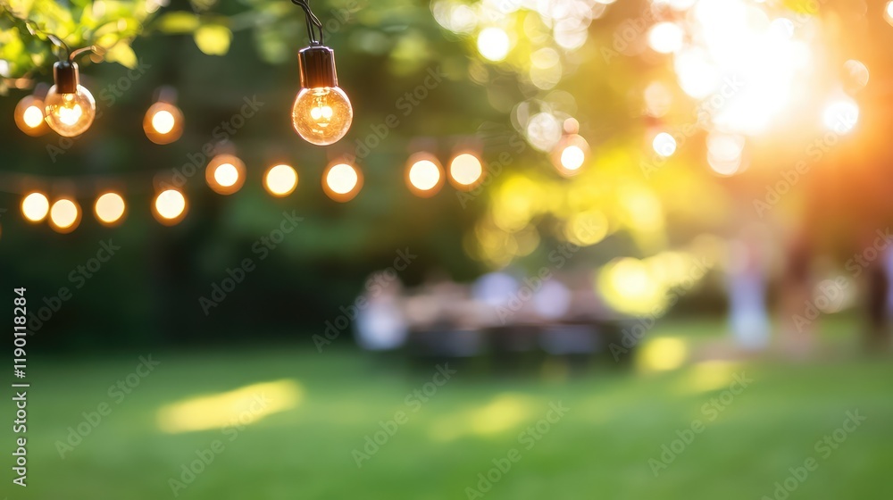 Poster a soft bokeh of multicolored decorative lights glowing in a festive outdoor setting with ample copy 