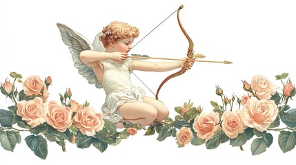 Antique Angel Baby Cupid with roses on white background
