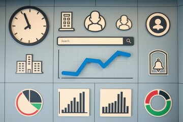 Modern Business Dashboard Icons Displaying Data And Time