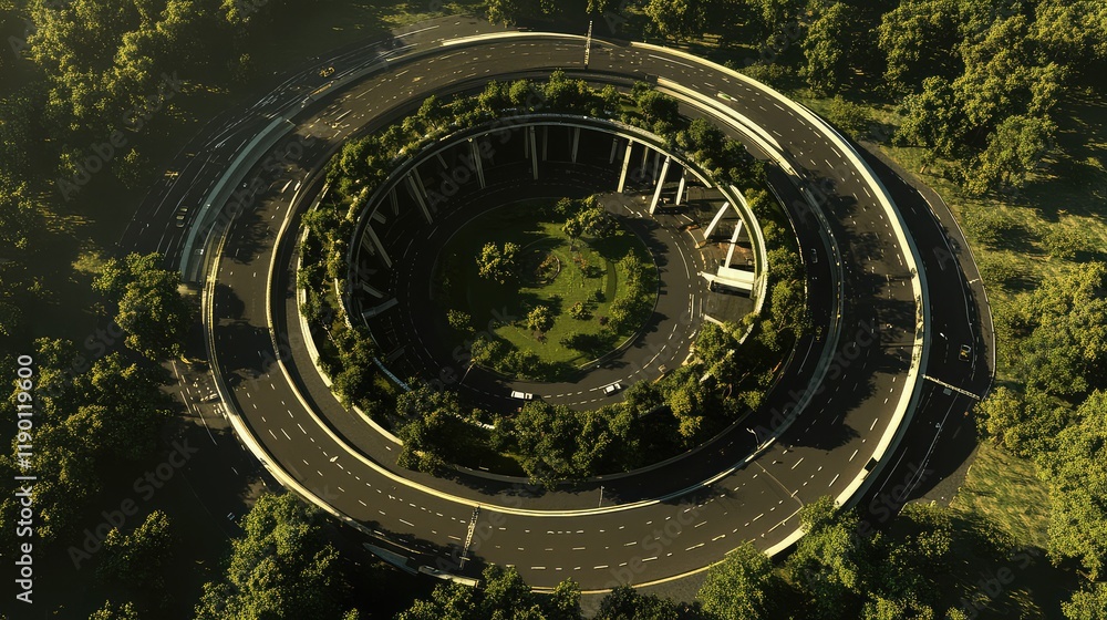 Aufkleber a top-down aerial view of a circular highway roundabout with perfectly symmetrical lanes and open gr