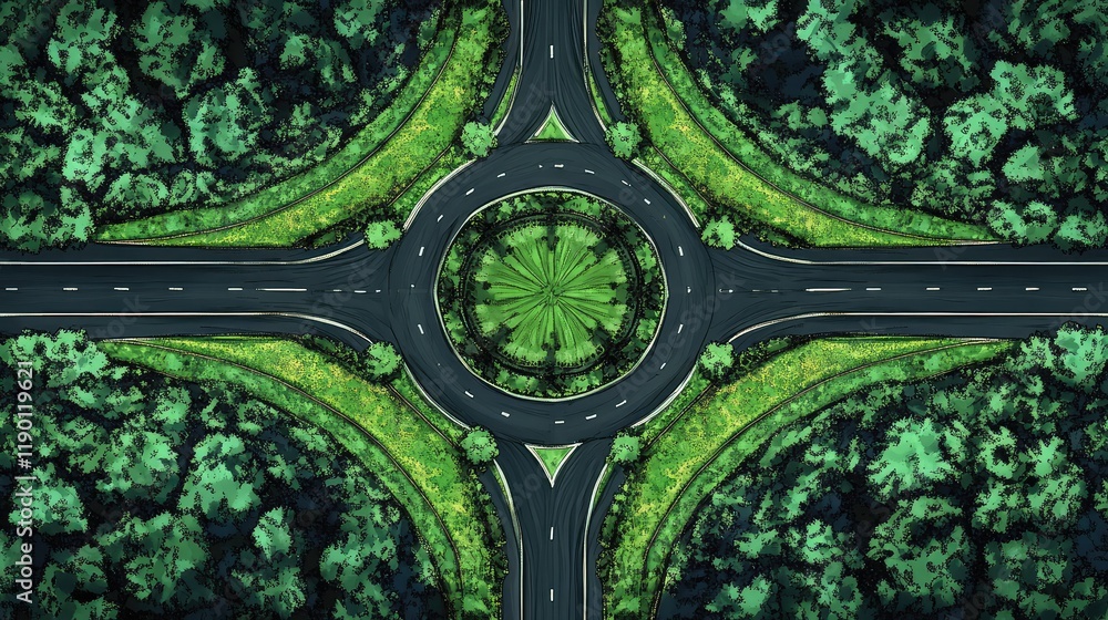 Poster a top-down aerial view of a circular highway roundabout with perfectly symmetrical lanes and open gr