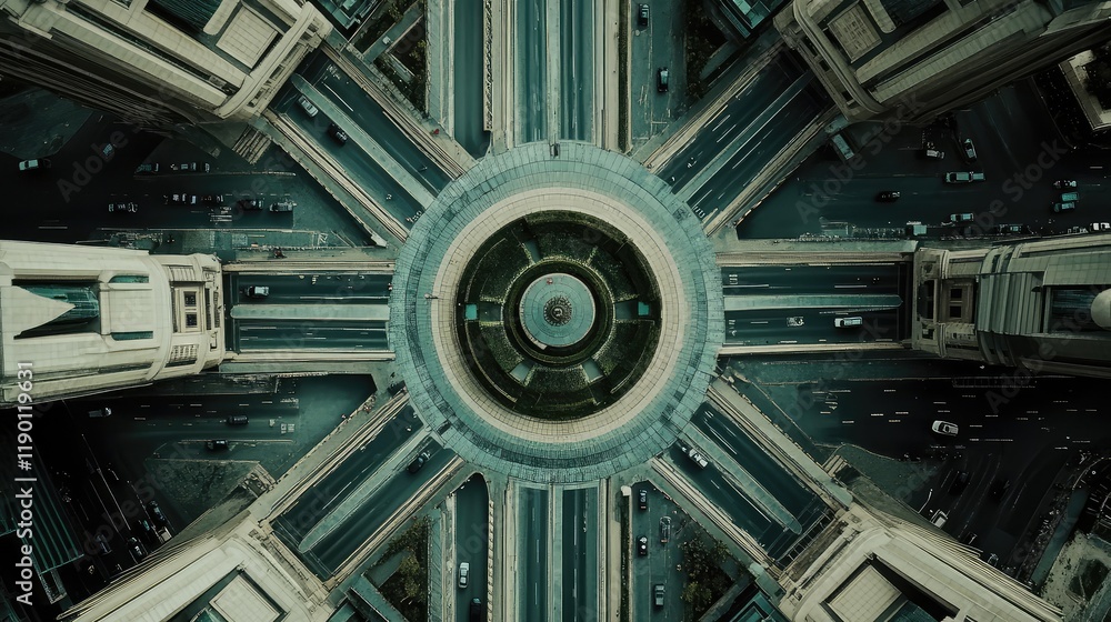 Poster a top-down aerial view of a circular highway roundabout with perfectly symmetrical lanes and open gr