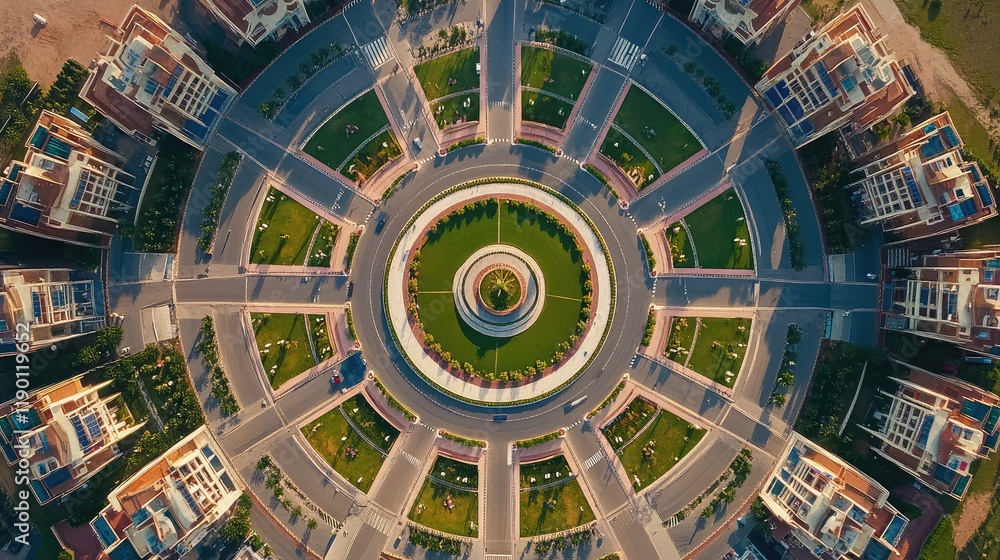 Poster a top-down aerial view of a circular highway roundabout with perfectly symmetrical lanes and open gr