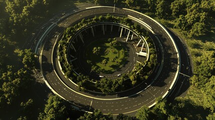 Obraz premium A top-down aerial view of a circular highway roundabout with perfectly symmetrical lanes and open green spaces in the center