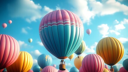 Balloons in pastel shades of pink, blue, yellow, and green floating upwards with a warm, faded retro Instagram filter effect. The serene sky background adds a sense of nostalgia and happiness.