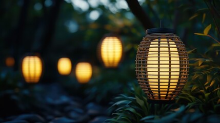 Fototapeta premium A tranquil scene of bamboo lanterns illuminating a garden, with plenty of space for text in the foreground
