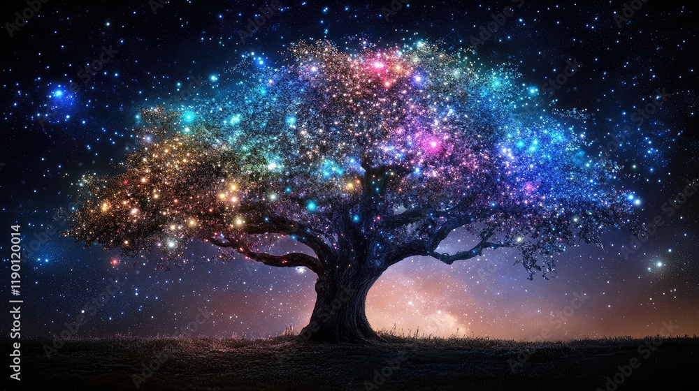 Poster a tree adorned with sparkling, multicolored lights, set against a dark sky with plenty of open space