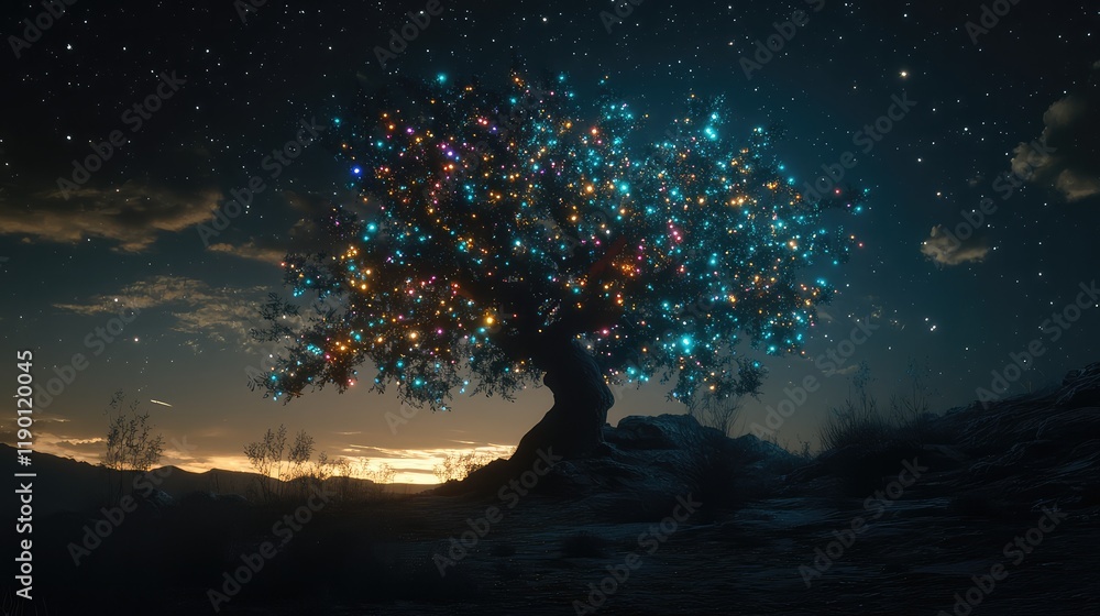 Poster a tree adorned with sparkling, multicolored lights, set against a dark sky with plenty of open space