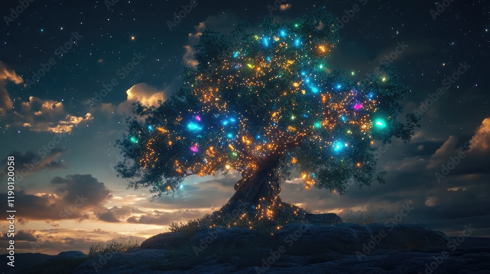 Poster a tree adorned with sparkling, multicolored lights, set against a dark sky with plenty of open space