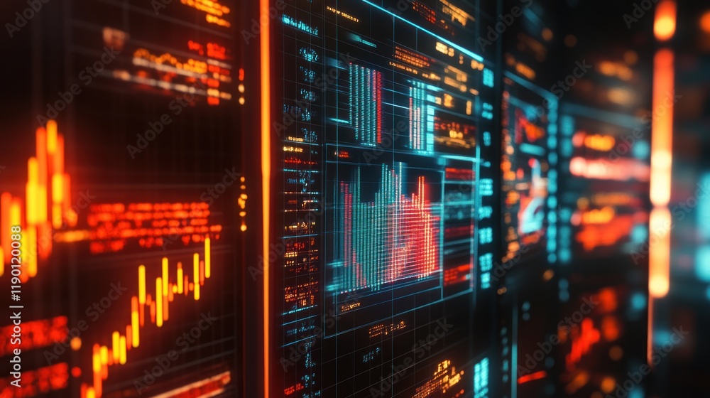 Poster futuristic stock market data visualization neon digital screens displaying financial charts and grap