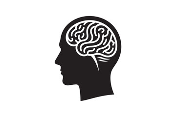 Human head profile with brain symbol, black icon vector illustration 