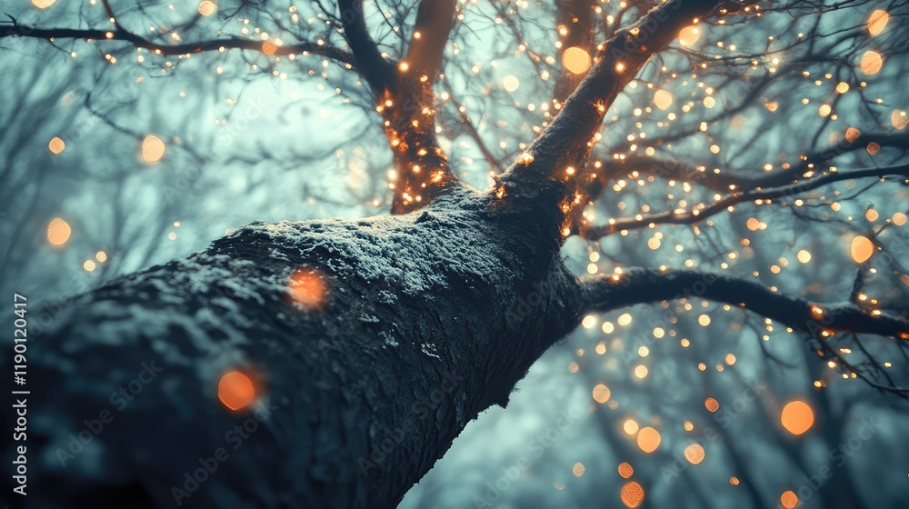 Poster a tree illuminated by sparkling lights, with a festive glow and a blurred background that leaves ope