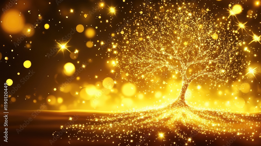 Poster a tree illuminated by sparkling lights, with a festive glow and a blurred background that leaves ope