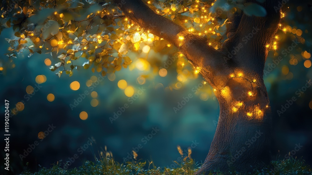 Poster a tree illuminated with delicate, warm lights, glowing in the night with soft bokeh effects and an e