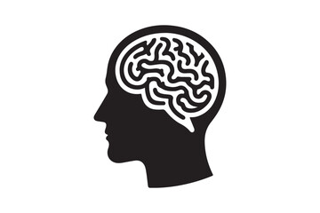 Human head profile with brain symbol, black icon vector illustration 