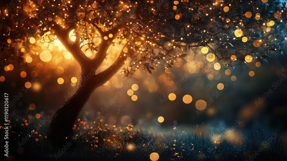 Poster a tree illuminated with delicate, warm lights, glowing in the night with soft bokeh effects and an e