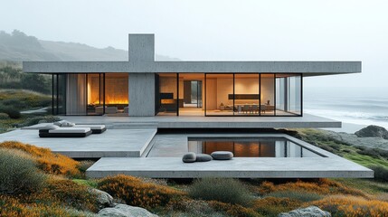 Obraz premium Modern concrete house with infinity pool overlooking ocean.