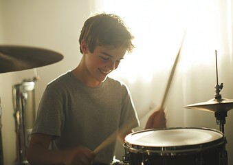 Boy Plays Drums Kit Skillfully and Joyfully in Sunny Room