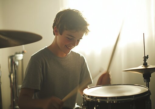 Boy Plays Drums Kit Skillfully and Joyfully in Sunny Room