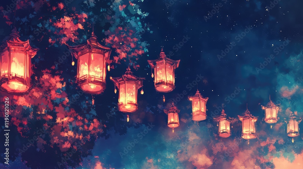 Poster a vibrant display of colorful lanterns floating in the night sky, glowing softly against a dark back