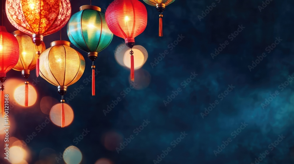 Poster a vibrant display of colorful lanterns floating in the night sky, glowing softly against a dark back