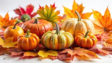 Charming autumn pumpkins and leaves, perfectly showcased against a crisp white background.