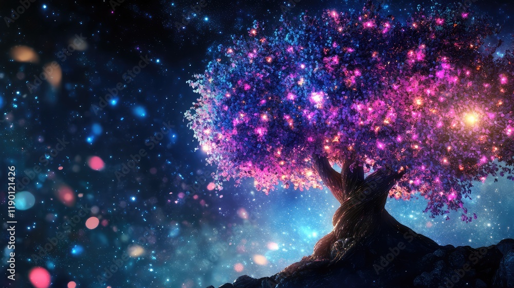 Poster a vibrant tree adorned with twinkling lights, creating a festive atmosphere against a blurred night 