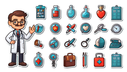 Charming Cartoon Doctor with Medical and Travel Stickers