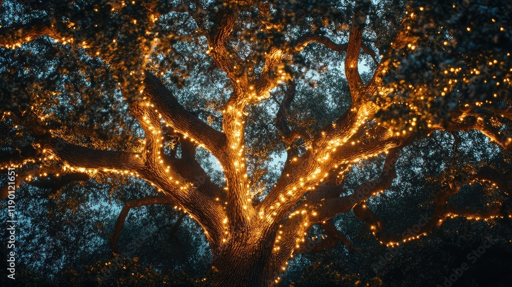 Poster a view of a tree lit with bright lights, creating a glowing effect in the night, with ample space fo