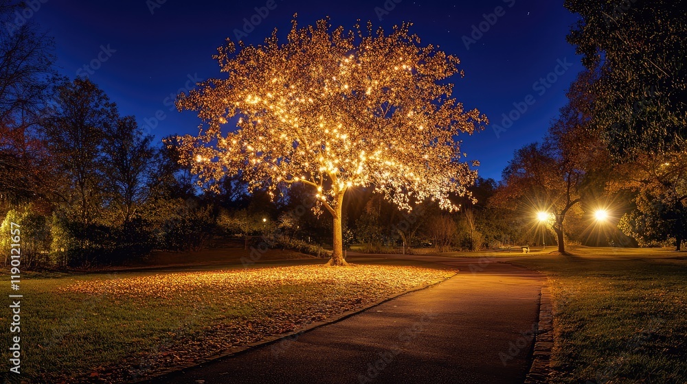 Poster a view of a tree lit with bright lights, creating a glowing effect in the night, with ample space fo